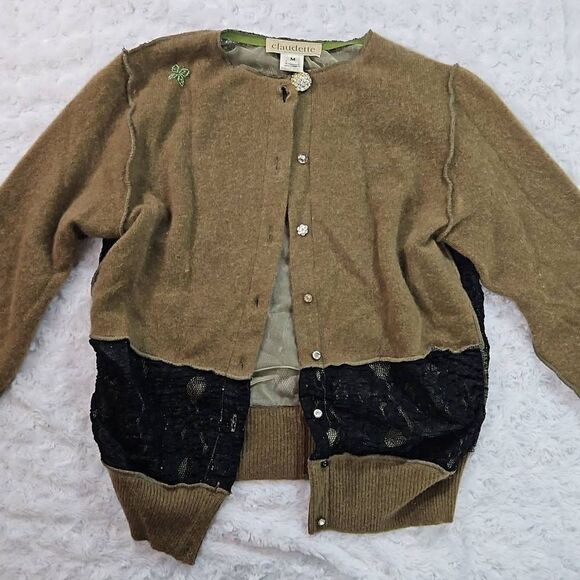 Vintage Material Claudette Size Medium Olive and Black Lace Upcycled Cardigan - Picture 9 of 13